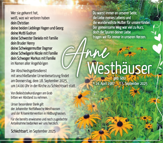 Traueranzeige von Anne Westhäuser von Südthüringer Presse