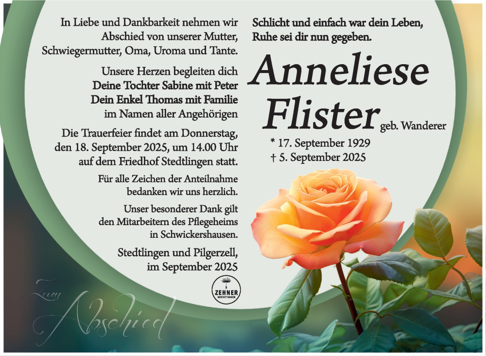  Traueranzeige für Anneliese Flister vom 13.09.2025 aus Südthüringer Presse