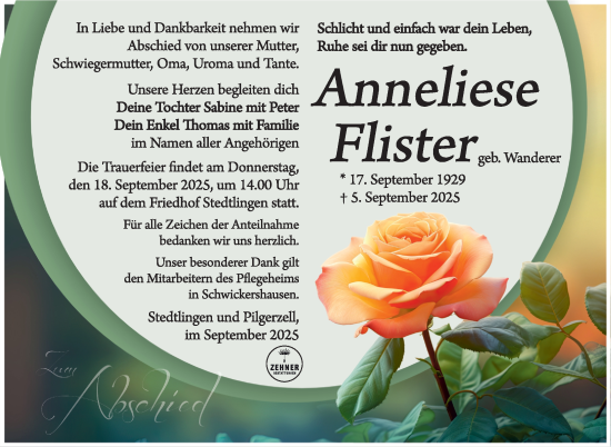Traueranzeige von Anneliese Flister von Südthüringer Presse
