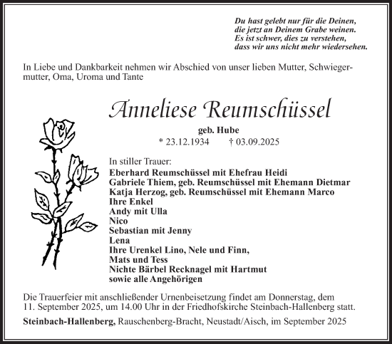 Traueranzeige von Anneliese Reumschüssel von Südthüringer Presse