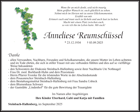 Traueranzeige von Anneliese Reumschüssel von Südthüringer Presse