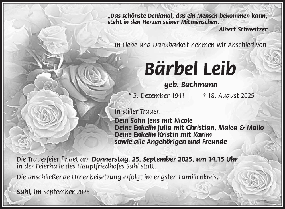 Traueranzeige für Bärbel Leib vom 06.09.2025 aus Südthüringer Presse
