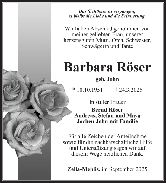 Traueranzeige von Barbara Röser von Südthüringer Presse
