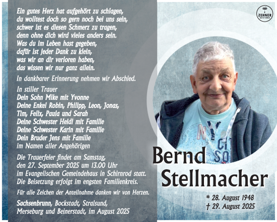 Traueranzeige von Bernd Stellmacher von Südthüringer Presse