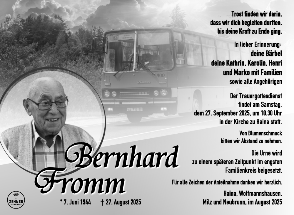  Traueranzeige für Bernhard Fromm vom 19.09.2025 aus Südthüringer Presse