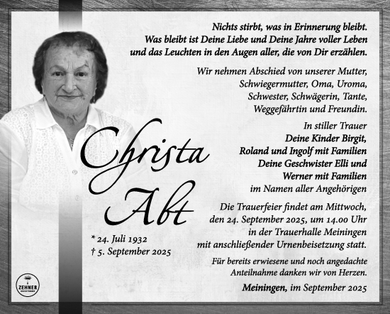 Traueranzeige von Christa Abt von Südthüringer Presse
