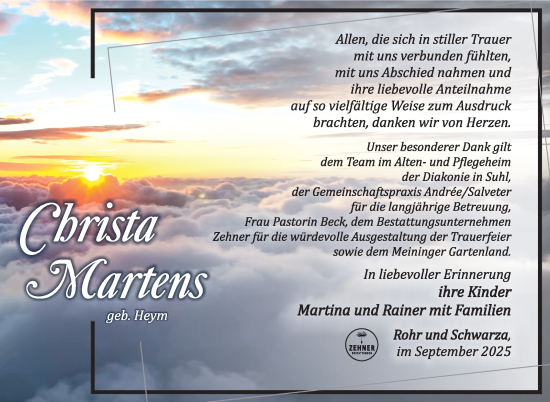 Traueranzeige von Christa Martens von Südthüringer Presse