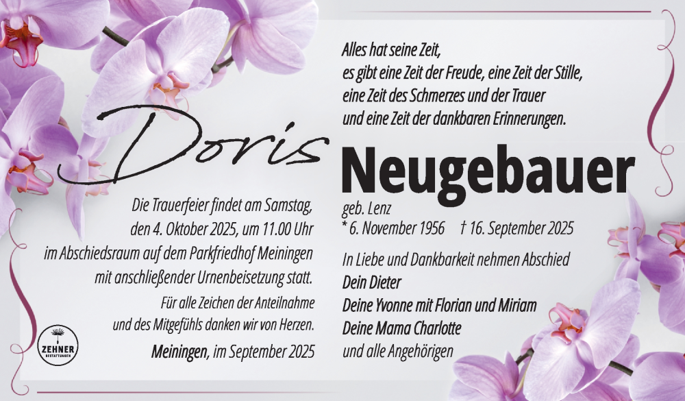  Traueranzeige für Doris Neugebauer vom 26.09.2025 aus Südthüringer Presse