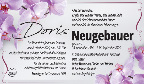 Traueranzeige von Doris Neugebauer von Südthüringer Presse