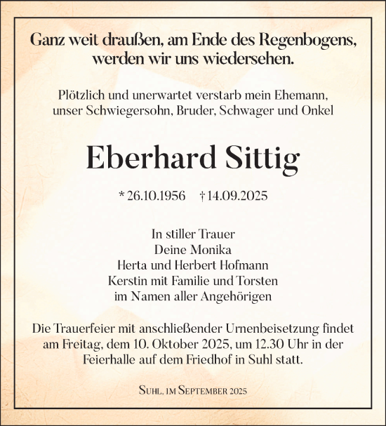 Traueranzeige von Eberhard Sittig von Südthüringer Presse