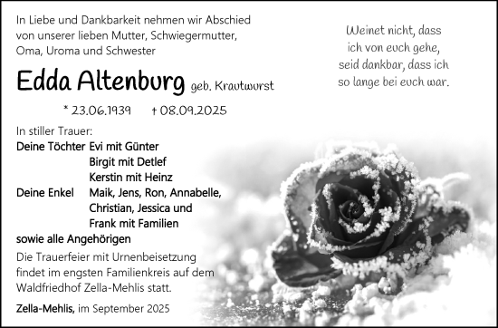 Traueranzeige von Edda Altenburg von Südthüringer Presse