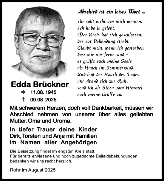 Traueranzeige von Edda Brückner von Südthüringer Presse
