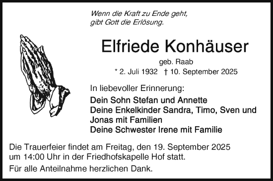 Traueranzeige von Elfriede Konhäuser von Frankenpost