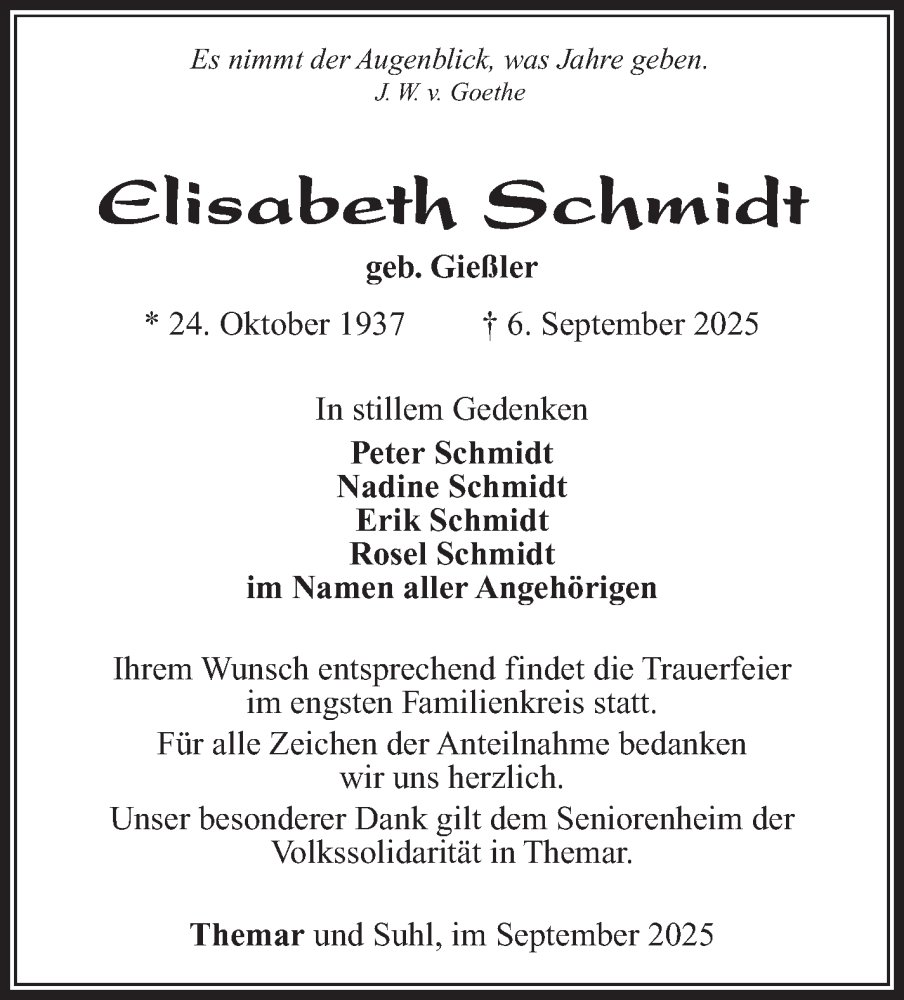  Traueranzeige für Elisabeth Schmidt vom 18.09.2025 aus Südthüringer Presse