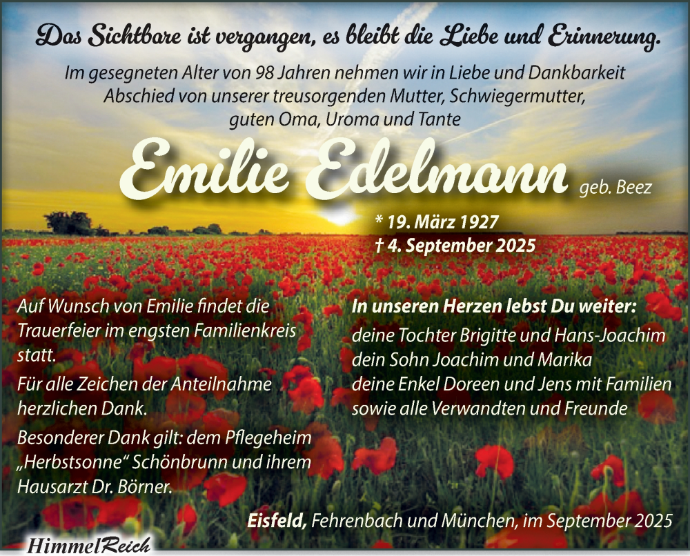  Traueranzeige für Emilie Edelmann vom 13.09.2025 aus Südthüringer Presse