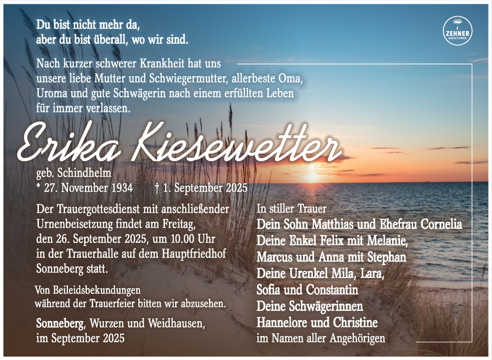  Traueranzeige für Erika Kiesewetter vom 13.09.2025 aus Südthüringer Presse