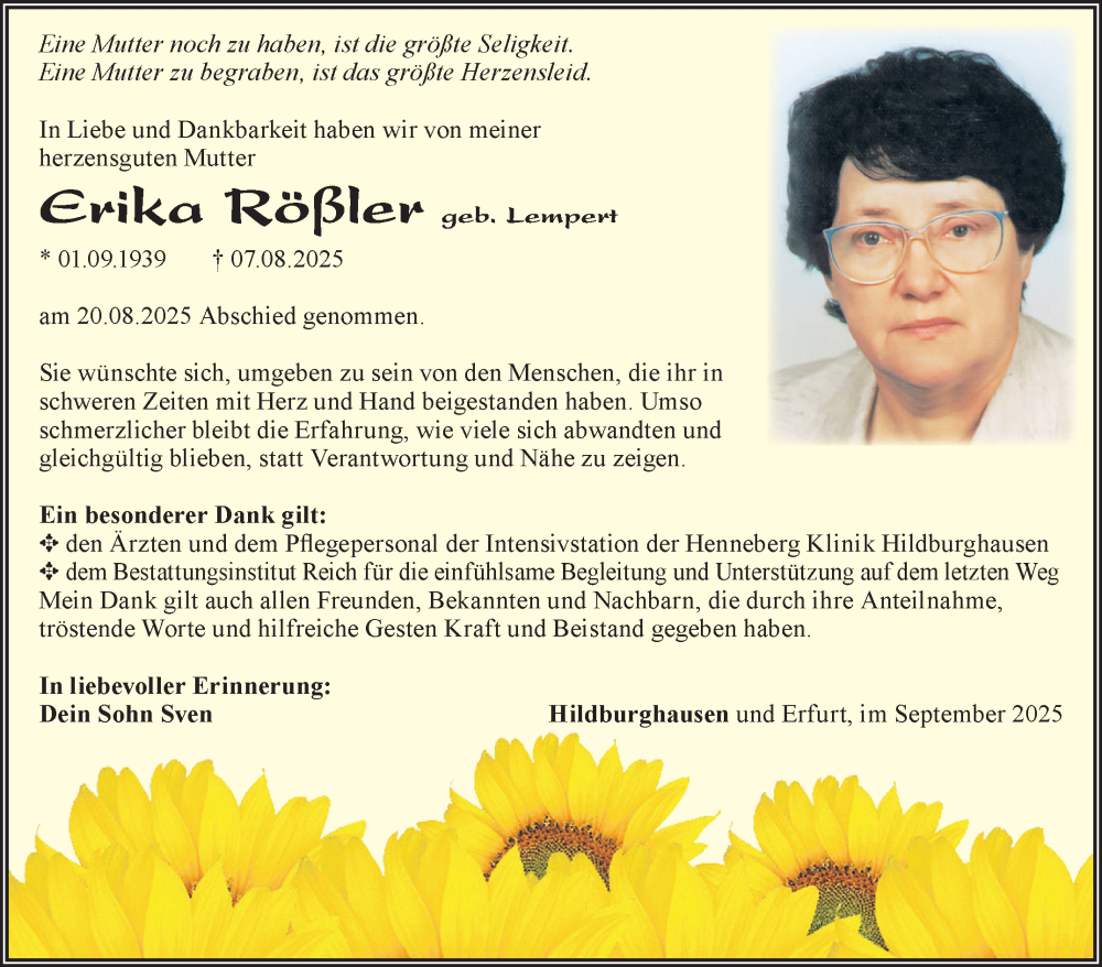  Traueranzeige für Erika Rößler vom 06.09.2025 aus Südthüringer Presse