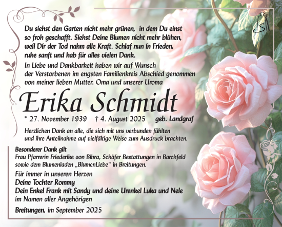Traueranzeige von Erika Schmidt von Südthüringer Presse