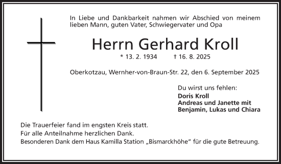 Traueranzeige von Gerhard Kroll von Frankenpost