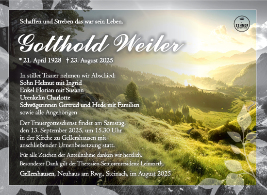Traueranzeige von Gotthold Weiler von Südthüringer Presse