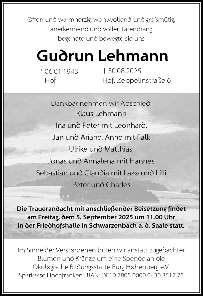  Traueranzeige für Gudrun Lehmann vom 02.09.2025 aus Frankenpost