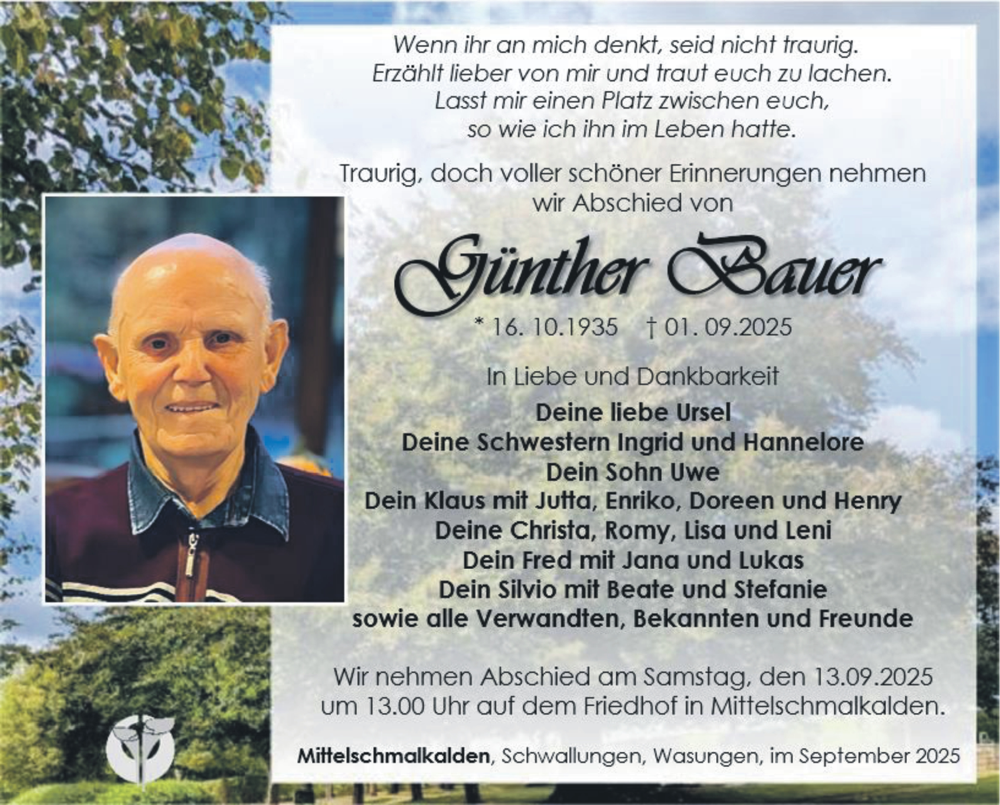  Traueranzeige für Günther Bauer vom 05.09.2025 aus Südthüringer Presse