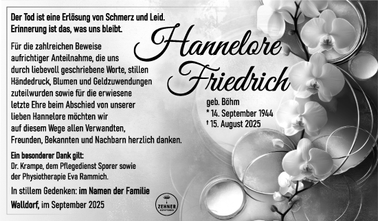 Traueranzeige von Hannelore Friedrich von Südthüringer Presse