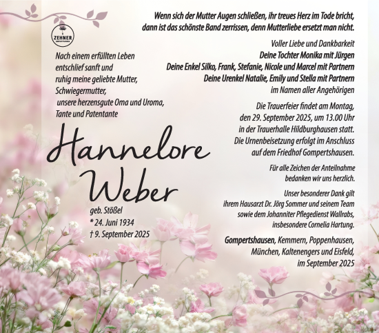 Traueranzeige von Hannelore Weber von Südthüringer Presse