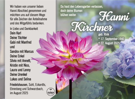 Traueranzeige von Hanni Kirchner von Südthüringer Presse