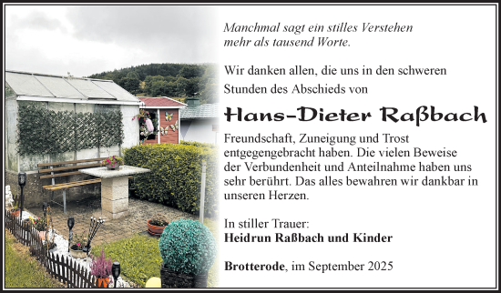 Traueranzeige von Hans-Dieter Raßbach von Südthüringer Presse