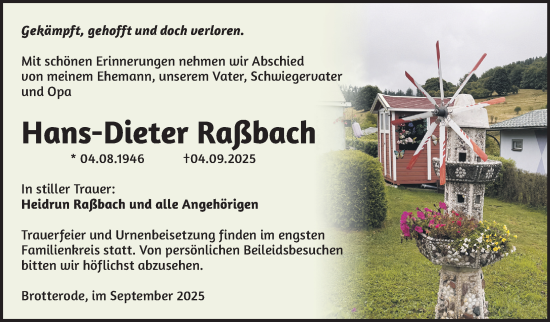 Traueranzeige von Hans-Dieter Raßbach von Südthüringer Presse