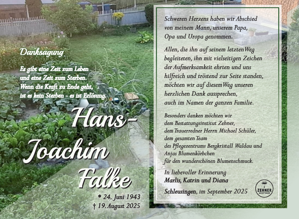  Traueranzeige für Hans-Joachim Falke vom 27.09.2025 aus Südthüringer Presse