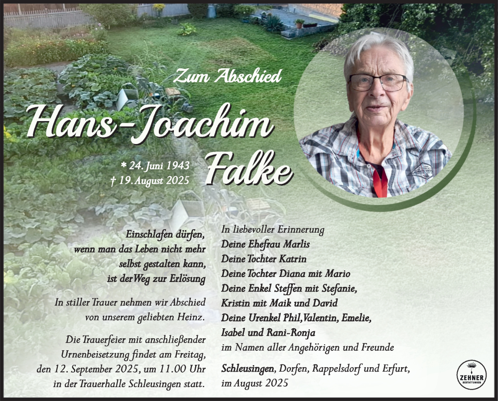  Traueranzeige für Hans-Joachim Falke vom 06.09.2025 aus Südthüringer Presse