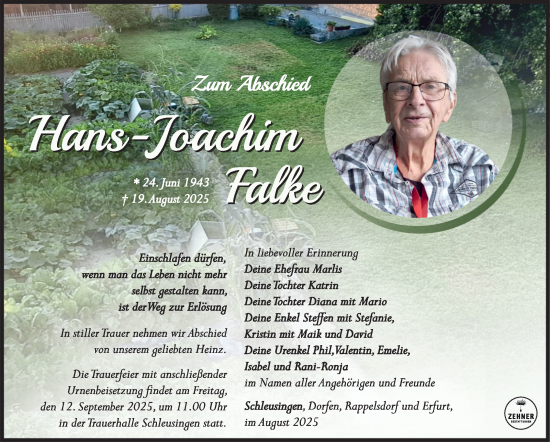 Traueranzeige von Hans-Joachim Falke von Südthüringer Presse