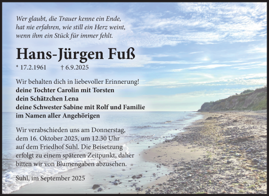 Traueranzeige von Hans-Jürgen Fuß von Südthüringer Presse