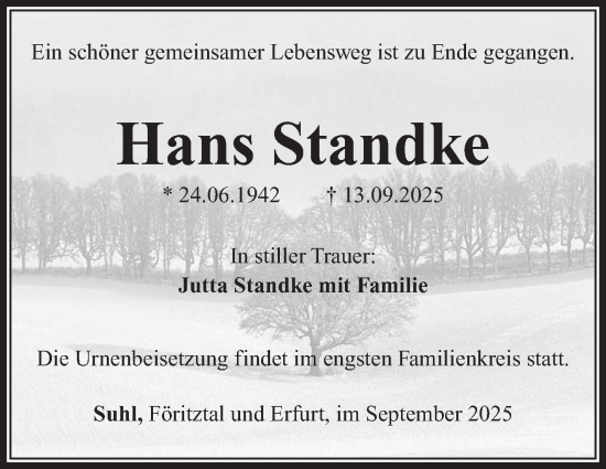 Traueranzeige von Hans Standke von Südthüringer Presse