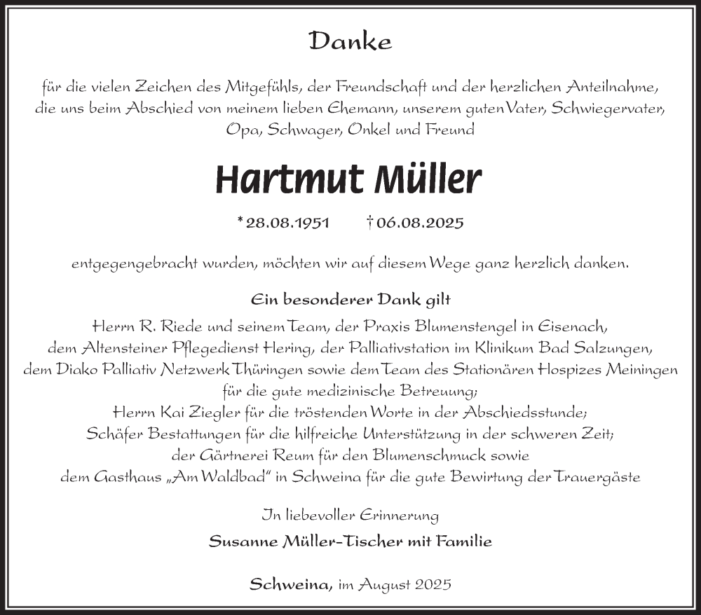  Traueranzeige für Hartmut Müller vom 06.09.2025 aus Südthüringer Presse