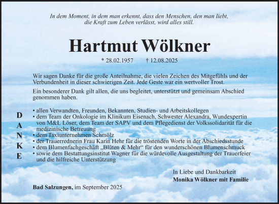 Traueranzeige von Hartmut Wölkner von Südthüringer Presse