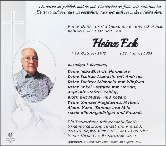 Traueranzeige von Heinz Eck von Südthüringer Presse