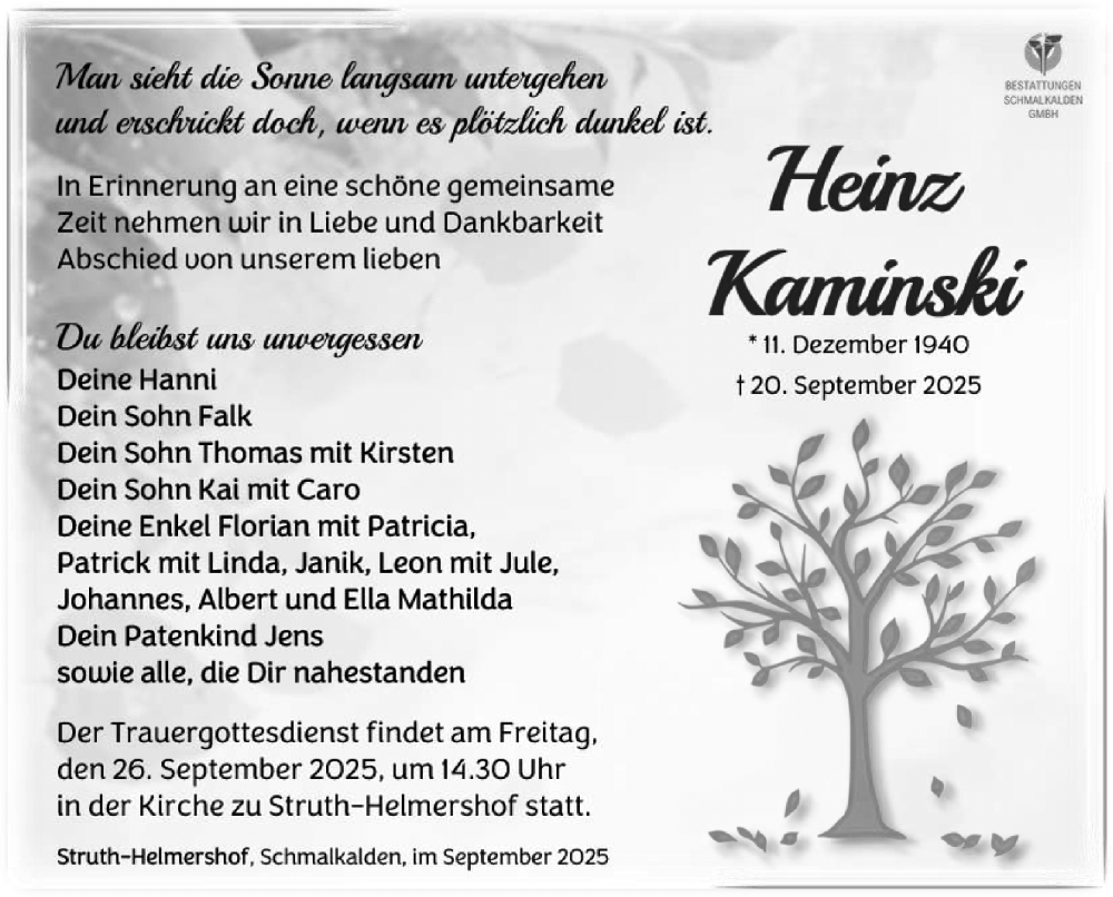  Traueranzeige für Heinz Kaminski vom 24.09.2025 aus Südthüringer Presse