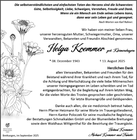 Traueranzeige von Helga Kremmer von Südthüringer Presse