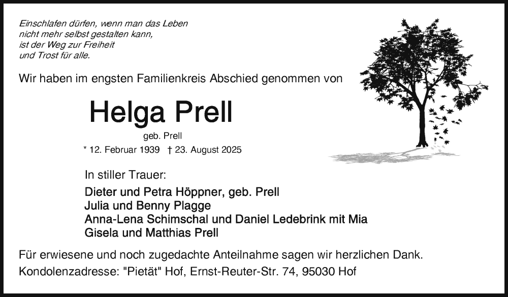  Traueranzeige für Helga Prell vom 13.09.2025 aus Frankenpost