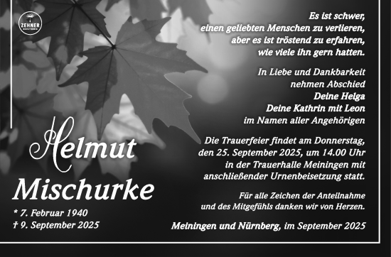 Traueranzeige von Helmut Mischurke von Südthüringer Presse