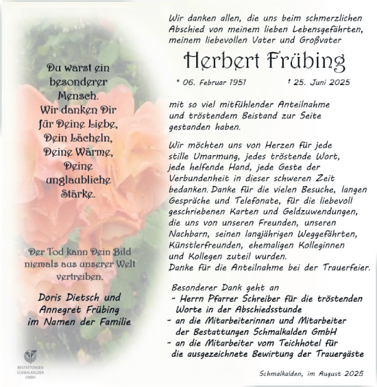 Traueranzeige von Herbert Frübing von Südthüringer Presse