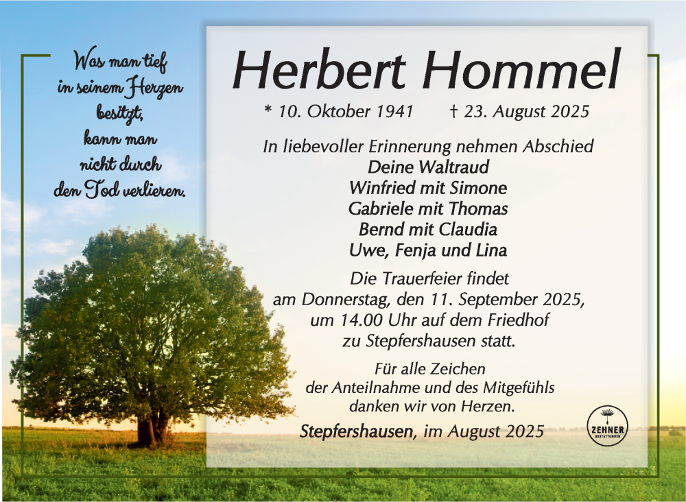  Traueranzeige für Herbert Hommel vom 06.09.2025 aus Südthüringer Presse
