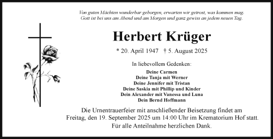 Traueranzeige von Herbert Krüger von Frankenpost