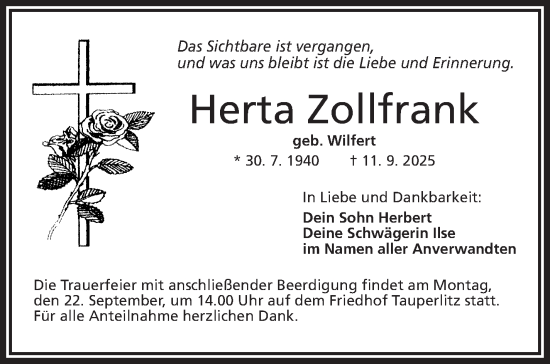 Traueranzeige von Herta Zollfrank von Frankenpost