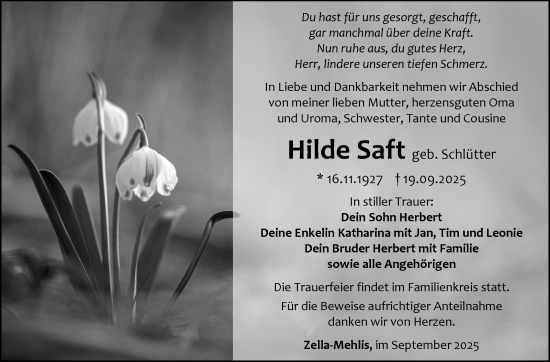 Traueranzeige von Hilde Saft von Südthüringer Presse