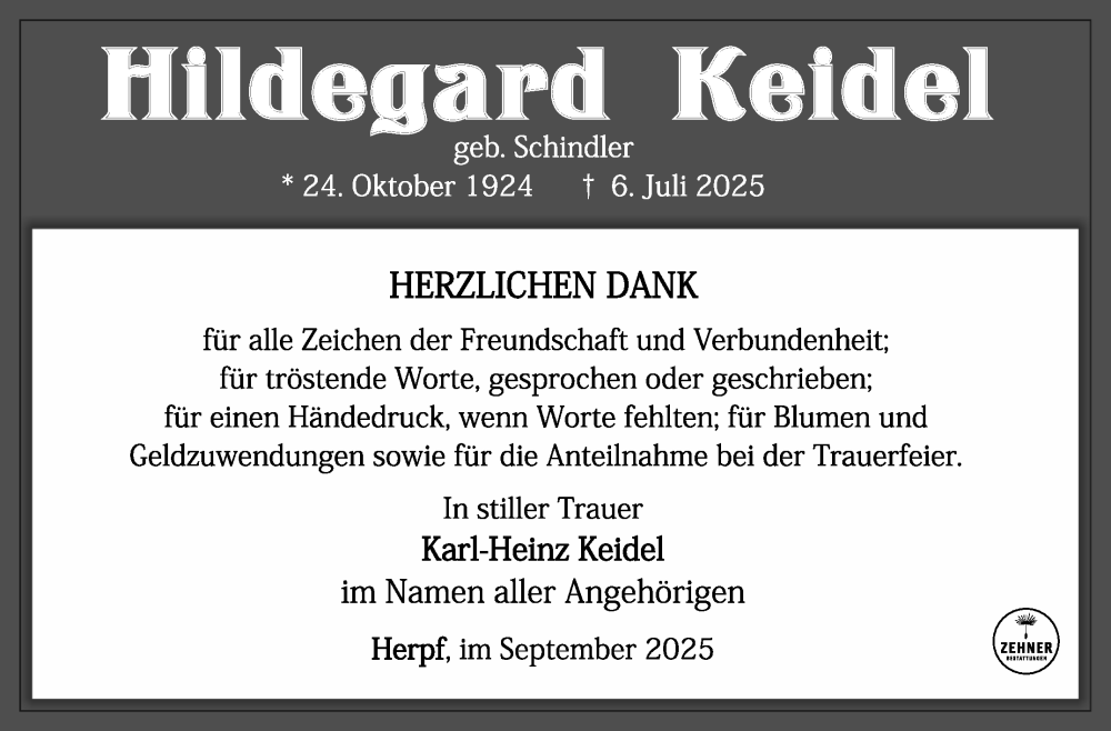  Traueranzeige für Hildegard Keidel vom 05.09.2025 aus Südthüringer Presse
