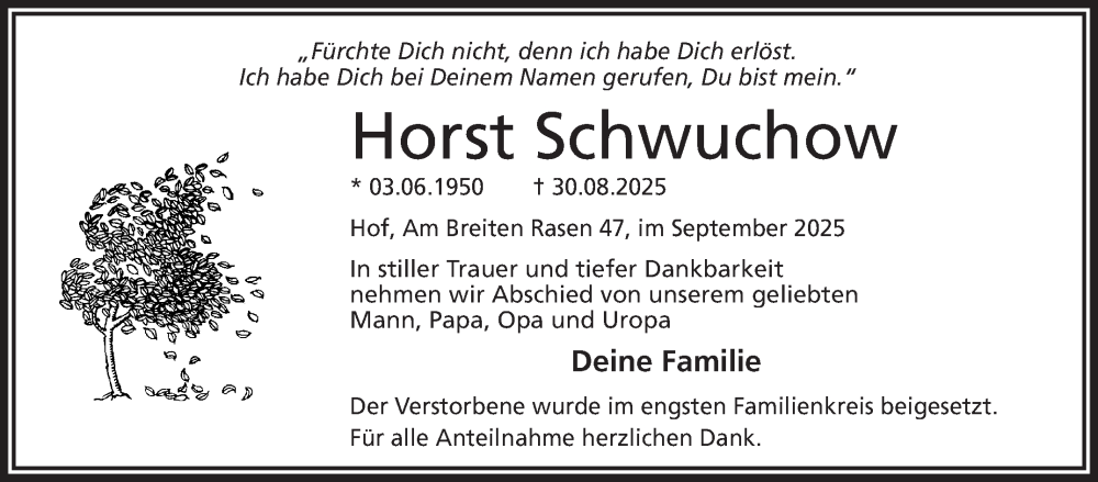  Traueranzeige für Horst Schwuchow vom 20.09.2025 aus Frankenpost